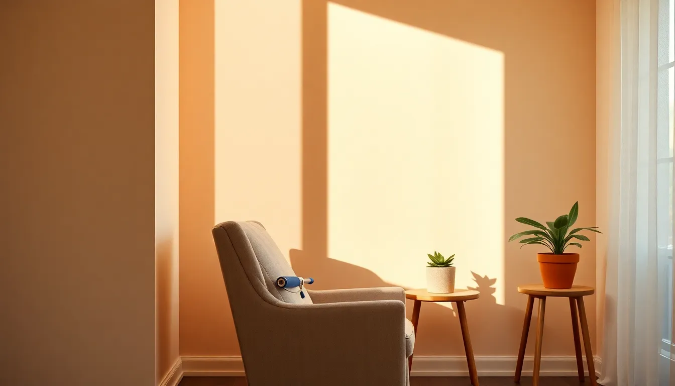 셀프 페인팅 중인 벽면과 페인트 도구 이미지