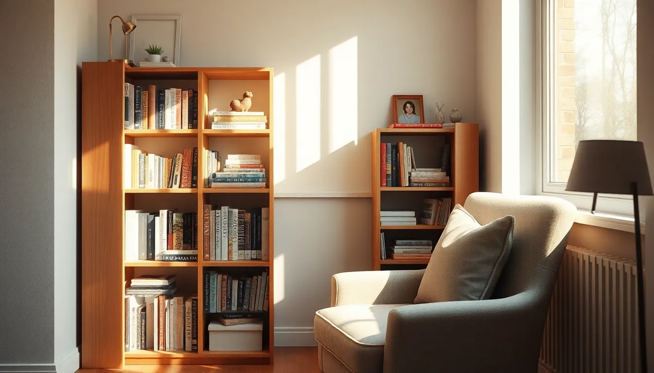 깔끔하게 정리된 원룸의 모습으로, 벽 선반과 수납 가구들이 공간을 효율적으로 활용하고 있는 인테리어 사진