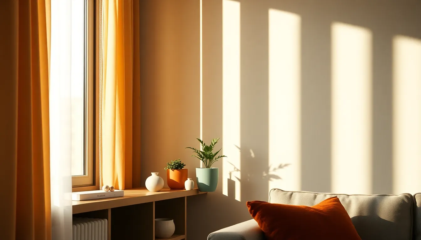 다양한 색상의 미니멀한 가구와 식물로 꾸며진 거실 인테리어