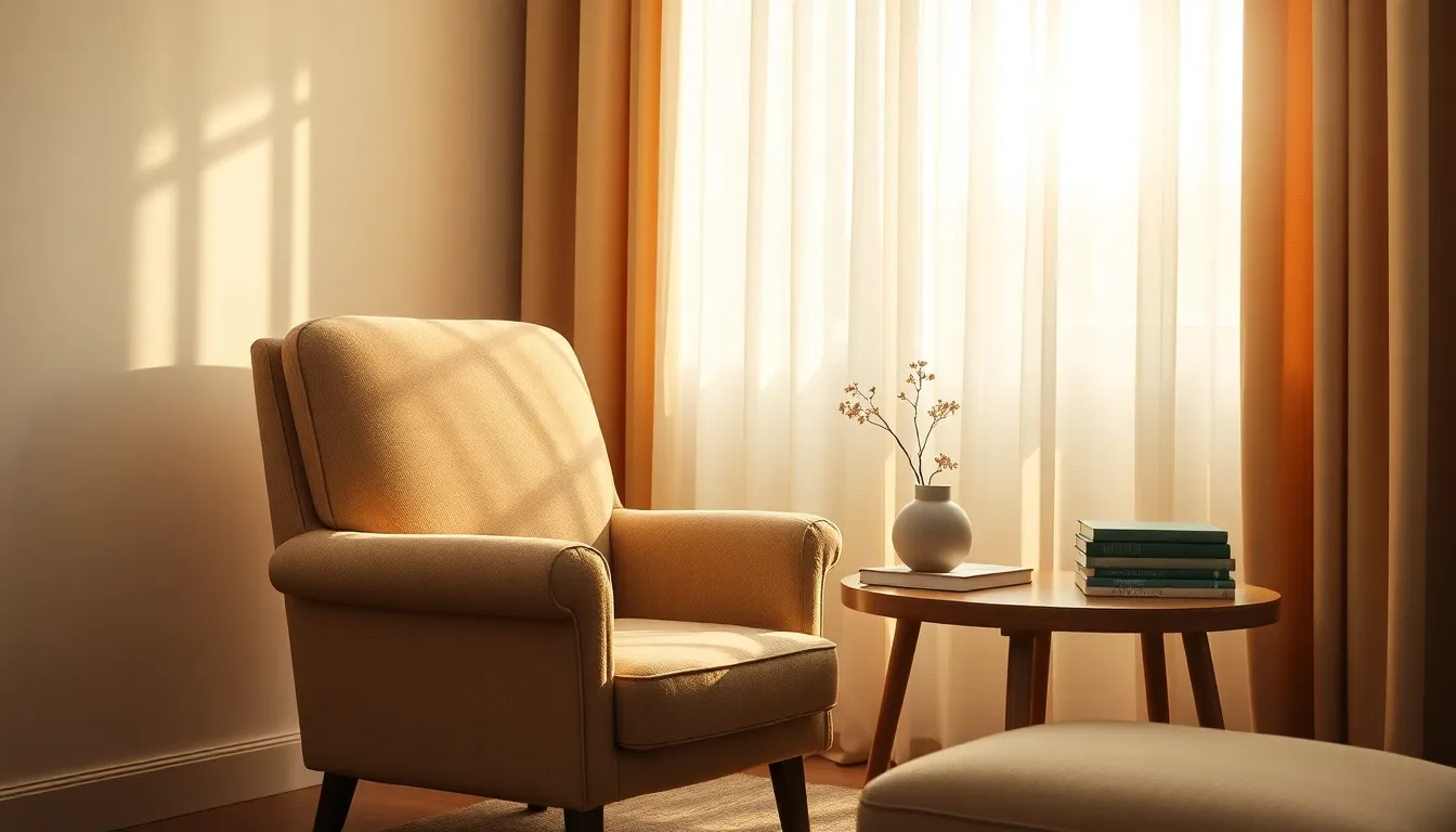 따뜻하고 아늑한 분위기의 거실 인테리어로, 베이지 톤 소파와 원목 가구, 은은한 조명이 조화를 이루고 있다.