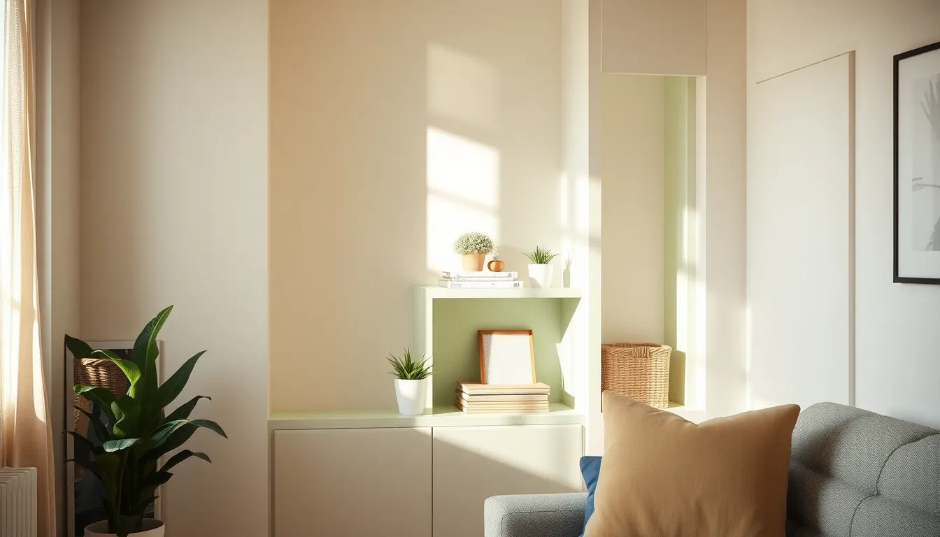 작은 원룸 공간에 설치된 벽면 수납 선반과 미니멀한 인테리어