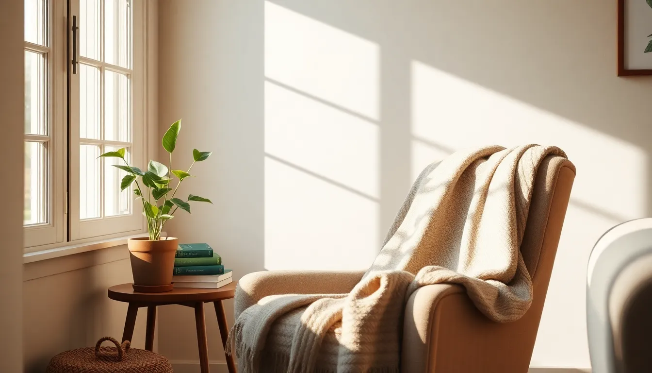 깨끗하게 정리된 거실 공간, 화분과 가구가 조화로운 모습