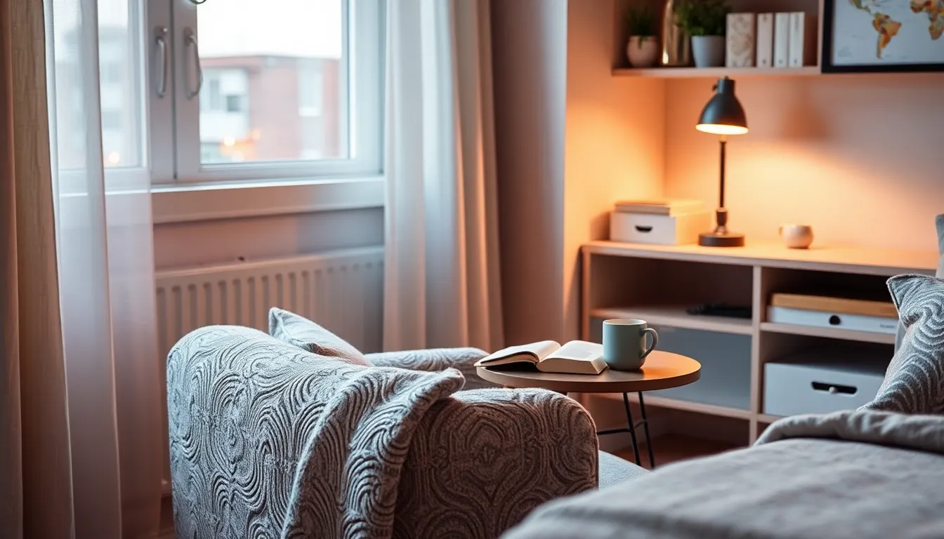 아늑한 원룸 인테리어 예시, 침대 옆 작은 테이블과 식물이 조화로운 공간