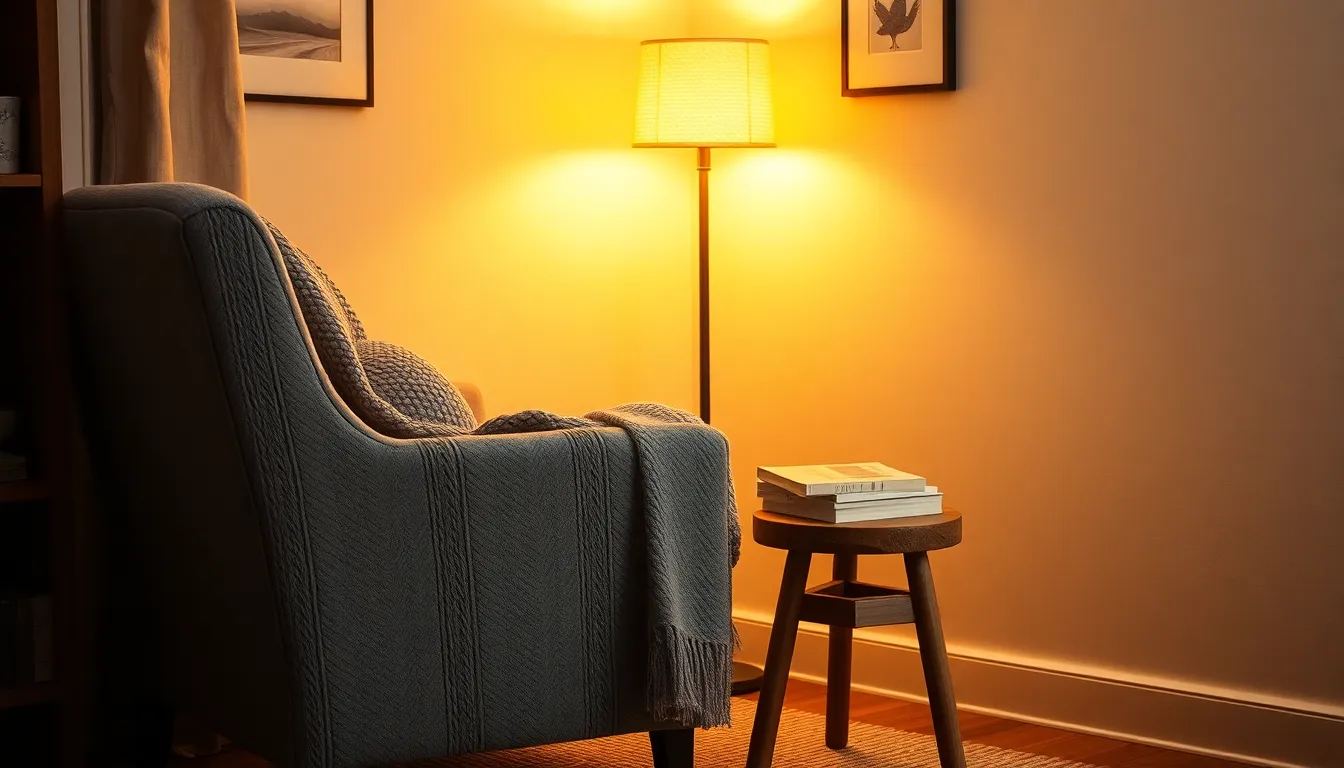 침실에 배치된 조명과 액자, 식물로 꾸며진 감성적인 공간